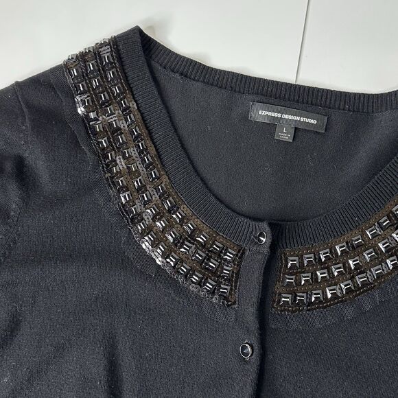 Express Design Studio Cardigan Sweater Sz L Embellished Neck Holiday NYE Event - Picture 5 of 12